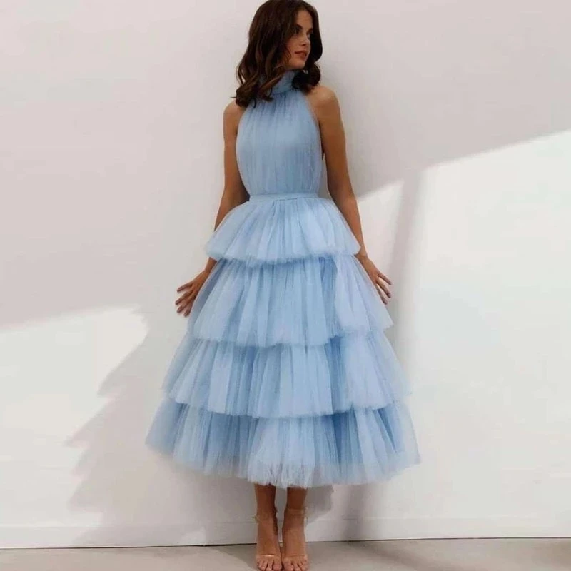 

ANGELSBRIDEP Baby Blue Prom Dresses High Neck Tiered Tulle Tea Length Backless Summer Arabic Wedding Party Gown Graduation Dress