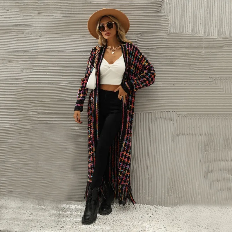 Casual Loose Colorful Plaid Tassel Knitted Long Cardigan for Autumn/Winter Women' Coats 2023 New Long Sleeves Sweater for Ladies