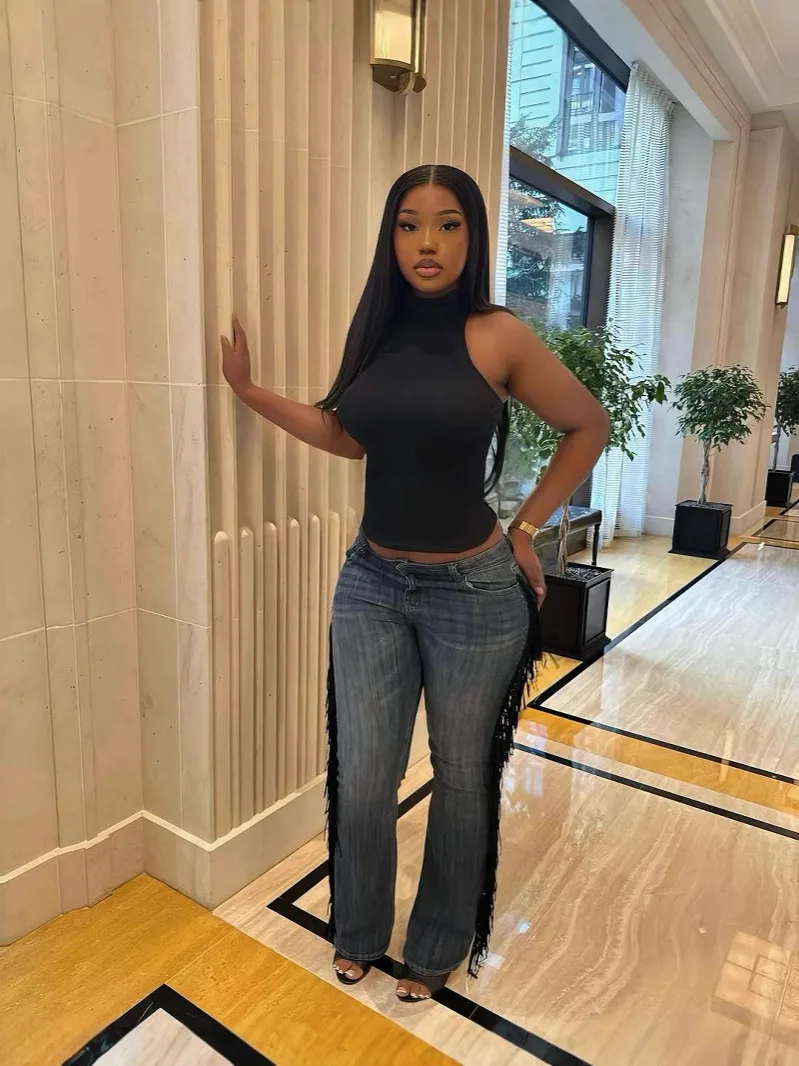 Y5270 European and American women's fashion retro fringe edge high waist straight leg pants jeans