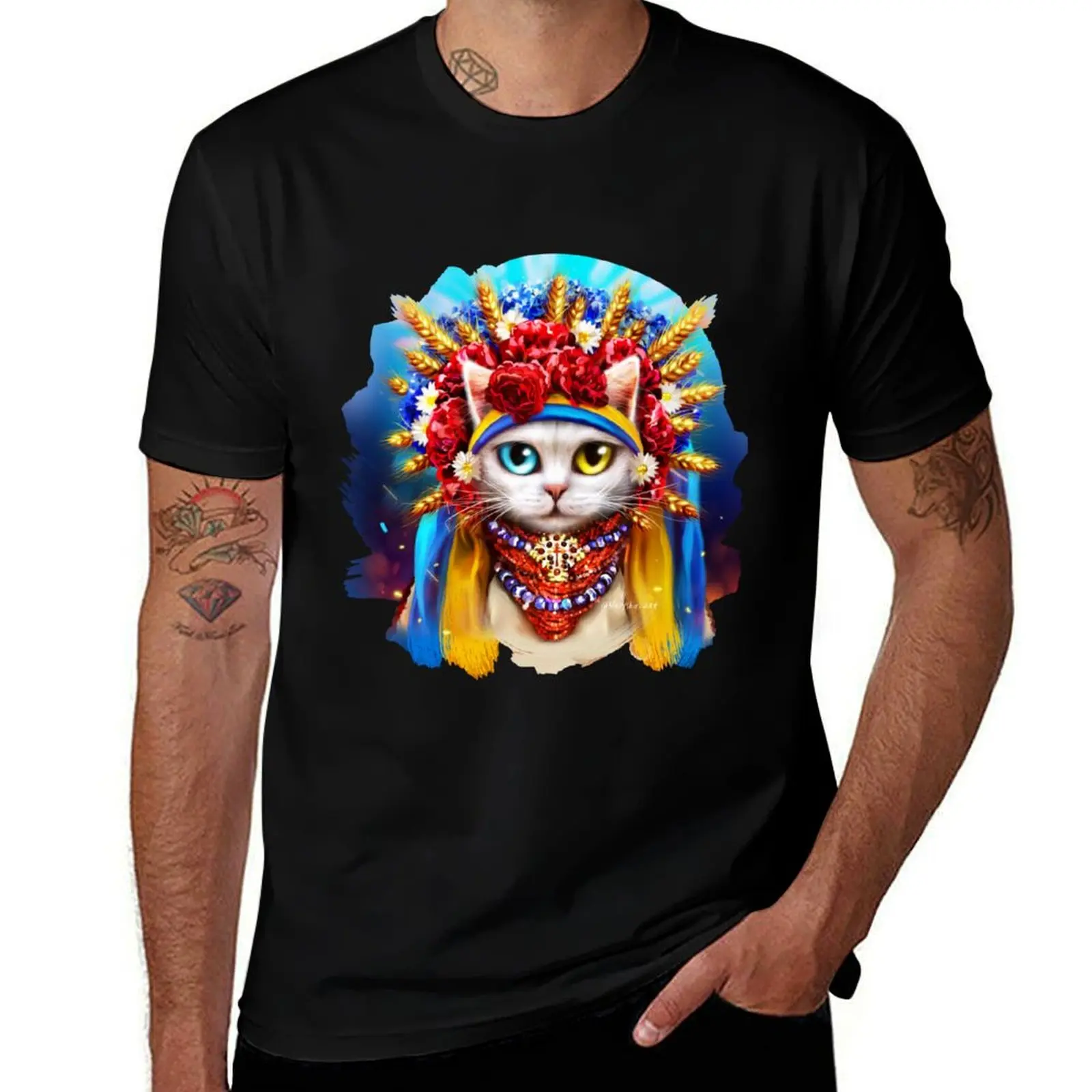 

cute Ukrainian cat in a wreath of flowers T-Shirt Clothing shirts graphic tees tees mens shirts graphic tee