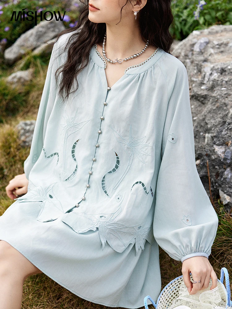 MISHOW Damski Słodki Zestaw Bluzek i Spódnic w Kształcie Litery A Vintage Ażurowy Haft Luźna Koszula Jednolita Spódnica Dwuczęściowy Zestaw MXE12T0455