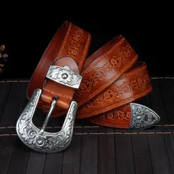 High Quality Court Style Embossed Western Cowboy Steel Buckle Belt Genuine Leather Designer Men Belt Punk Jeans Belts For Men