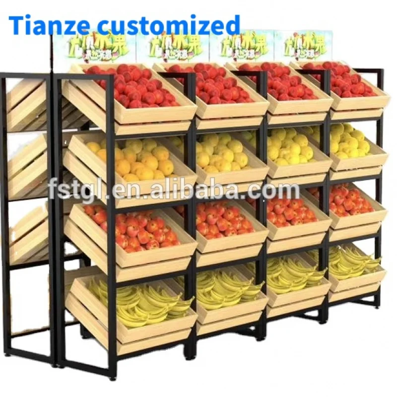 

(customized)Multi-tier supermarket metal wooden fruit vegetable stand gondola display rack