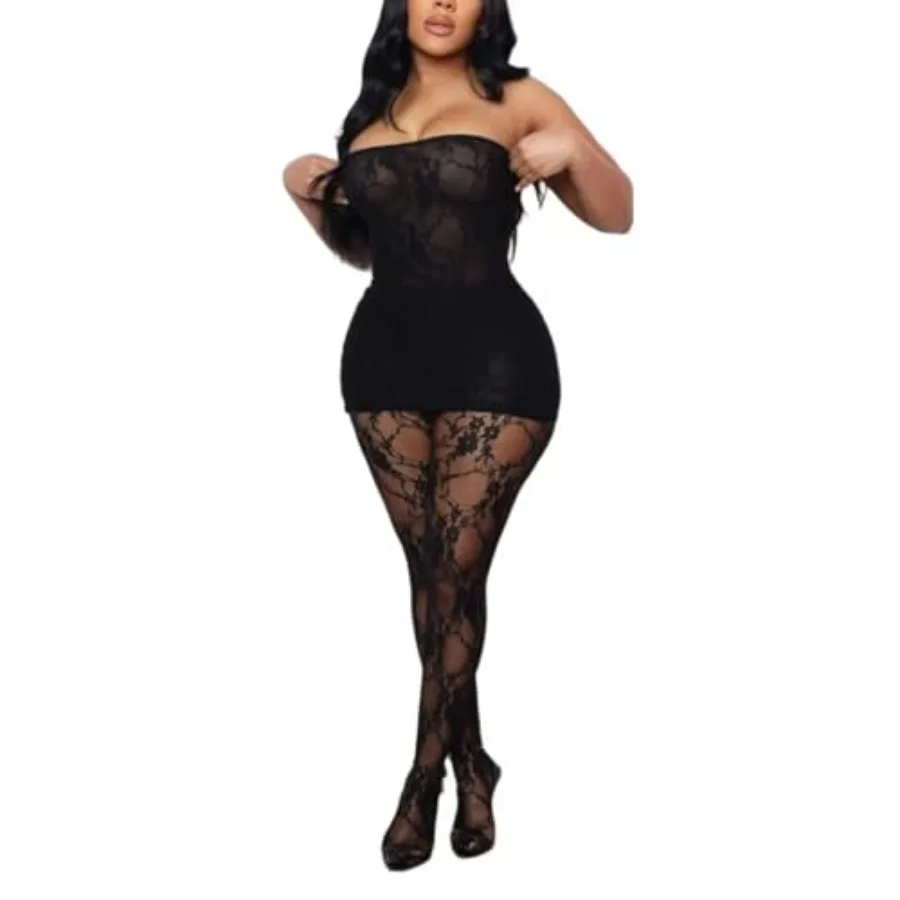 

Kafiloe Sexy 2 Pcs Outfits for Women Clubwear Lace Tube Mini Dress Top with Stockings Set Birthday Outfits
