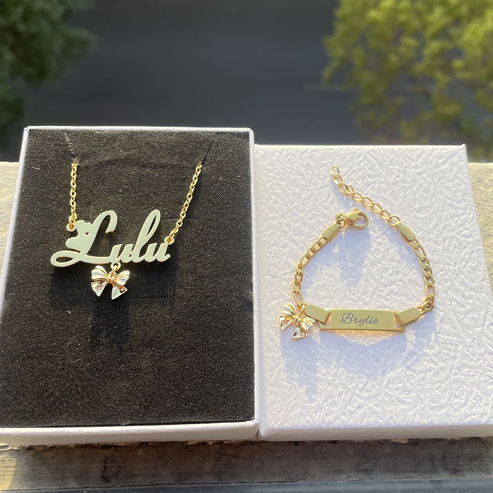 Lulu\'s Bow Customized Name Jewelry Set For Girl Personalized Nameplate Pendant Cute Necklace Bracelet Gift