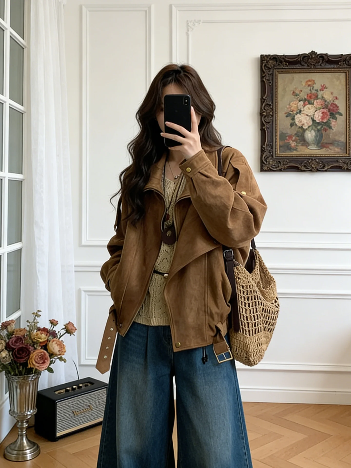 

Retro Style Suede Motorcycle Jacket Women's Loose Casual Lapel Coat Lazy Style Fashionable Outerwear Winter Season Zipper Clo...