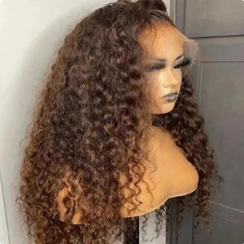 

Soft Preplucked 26Inch Long 180Density Glueless Brown Kinky Curly Lace Front Wig For Black Women BabyHair Heat Temperature Daily