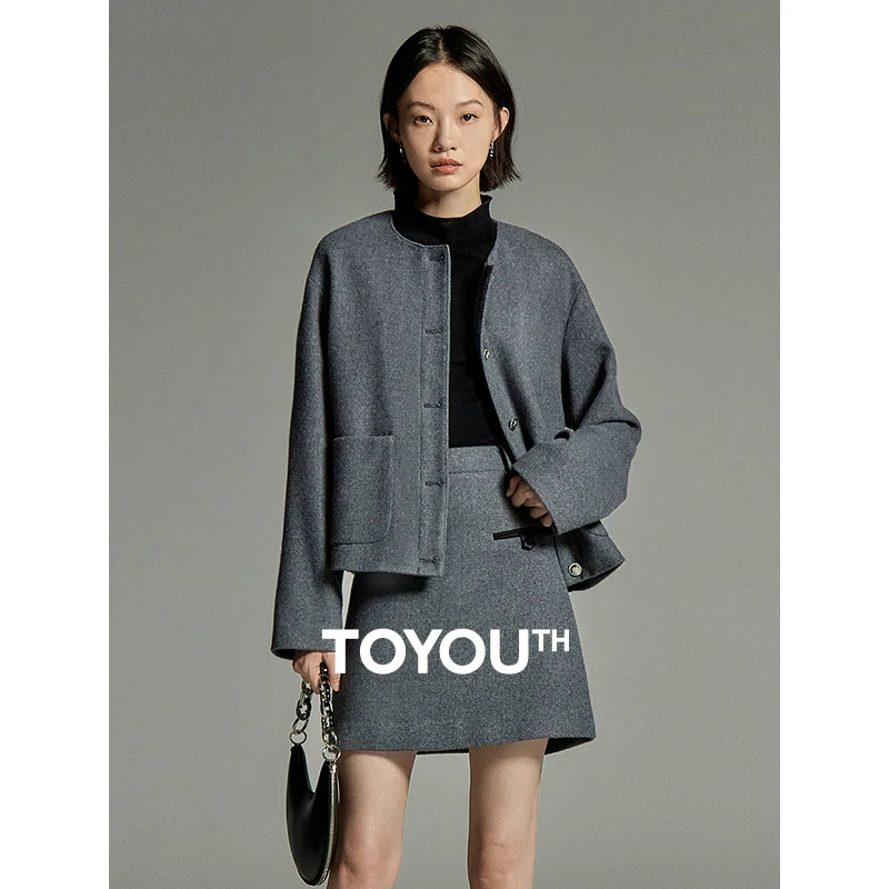 Toyouth Women Woolen Coat 2023 Winter Long Sleeve Round Neck Loose Thick Jacket Customized Luxury Buttons Elegant Classic Tops