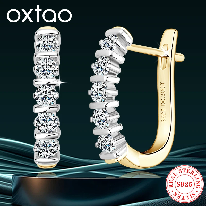 

OXTAO Moissanite Diamond Bicolor Earrings Ladies Original S925 Sterling Silver U Shape Hoop Earrings Plated 18k White Gold