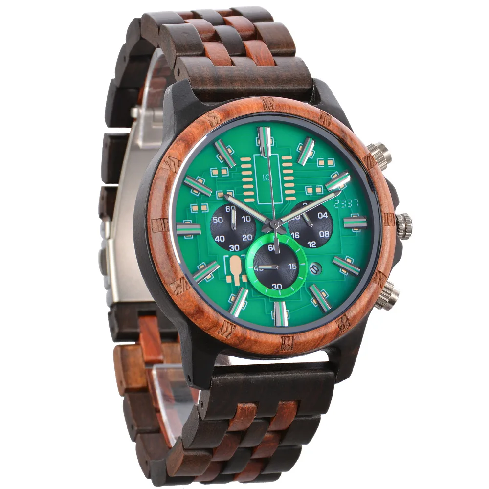 Circuit Board Dial Wooden Watch Circular Tech Pattern Multi Function Side Fold Clasp Dual Chronograph Luminous Male Wristwatch