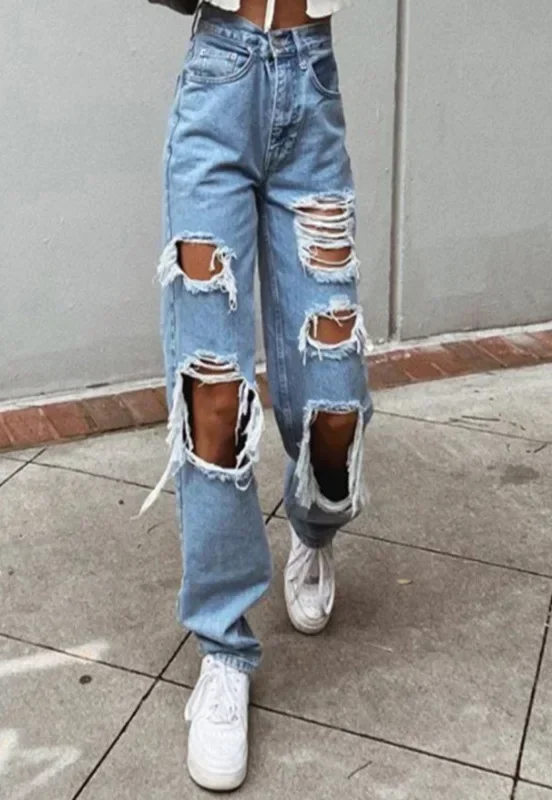 

Temperament High-waisted Ripped Straight Leg Long Jeans, Women's New Fashion Loose Wide-leg Pants Jeans for Spring and Summer