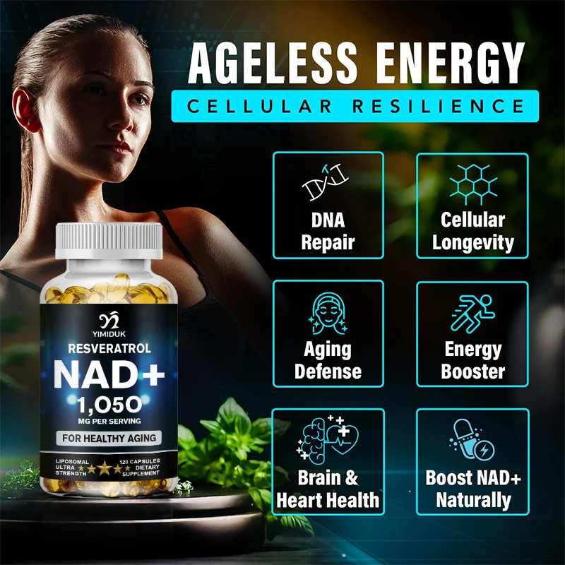 NAD cápsulas suplementos com resveratrol, energia natural, anti-envelhecimento e saúde celular, fortalece o sistema imunológico