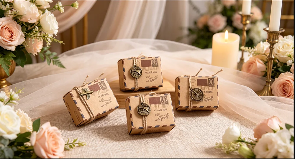 25 Stück Event-Souvenirs-Boxen, Kraftpapier, Reisethema, Luftpost, Hochzeitsbevorzugung, Geschenkbox, Süßigkeiten-Packung, festliche Partyzubehör, caja de regalo – Detail 1