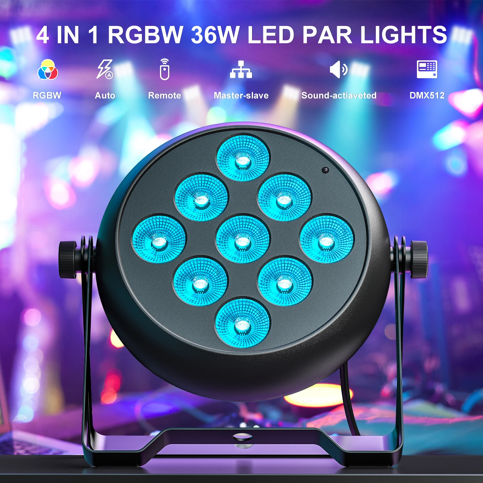 4PCS/SET 9LEDs PAR Lights RGBW 4 IN 1 Stage Lighting Effect DMX512 Voice Control LED Projection Light for Party Concert Wedding