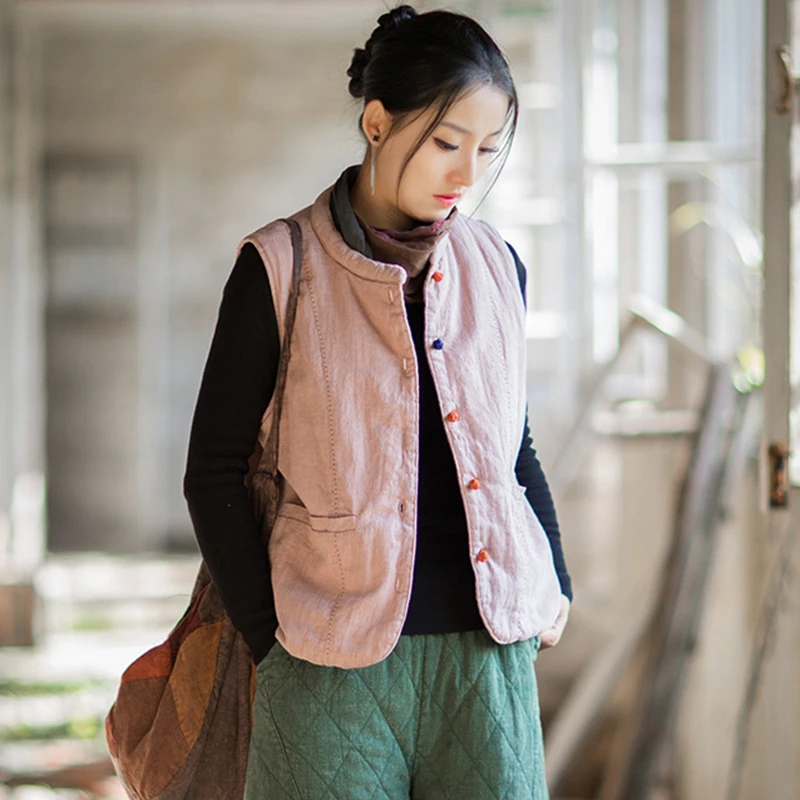 Frauen Baumwolle Leinen Casual Weste Mäntel Neue 2025, Herbst Vintage Stil Einfarbig Dicke Warme Weibliche Grundlagen Ärmellose Jacken M2096