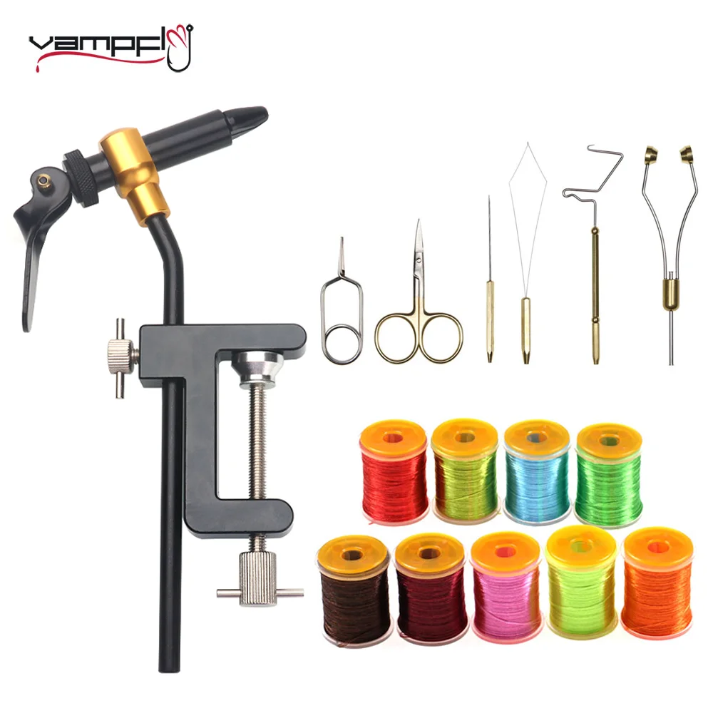 Vampfly Rotating C-Clamp Fly Tying Vise Fly Tying Tool Bobbin Holders Bobbin Threader Whip Finisher 200D High Light Tying Thread