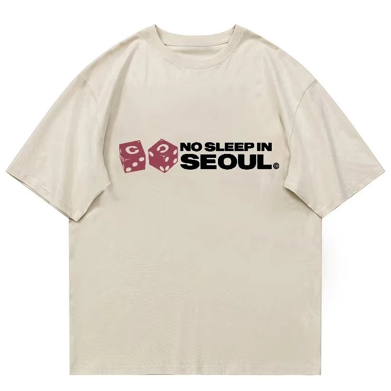 T-Shirt Men Women No Sleep in Seoul Red Dice Graphic Letter Print Vintage Y2K Casual Korean Streetwear Loose Fit Tee Top