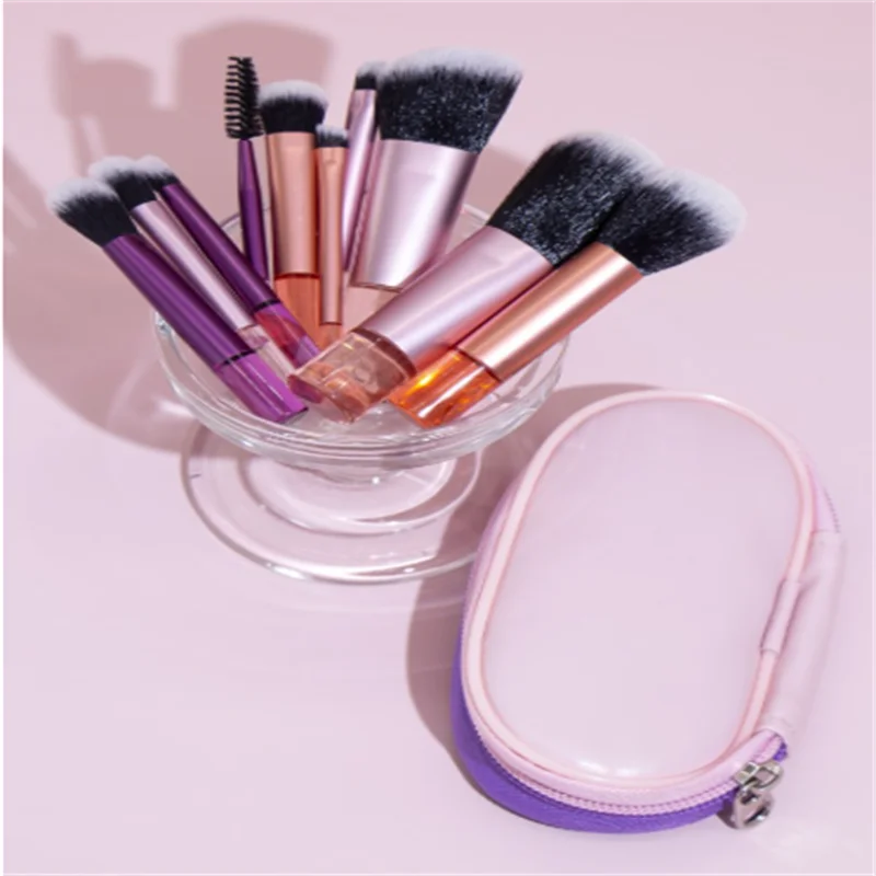 Set di pennelli per trucco ombretto, fard in polvere portatile, mini manico trasparente da 10 pezzi