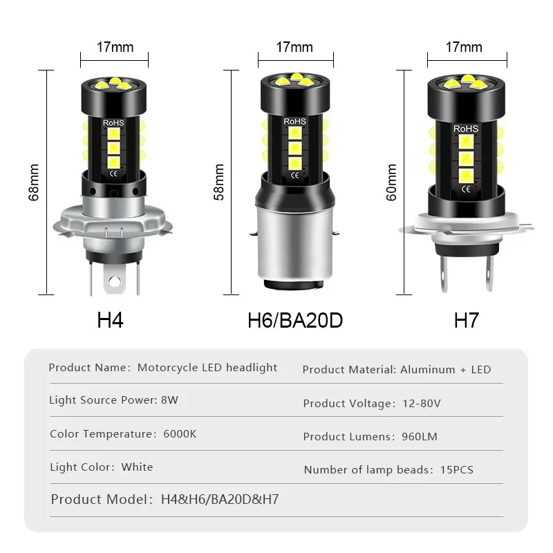 Hot 1/2Pcs Motorcycle LED Headlights Hi/Low Bulb H4 H6 BA20D P15D Light Headlamp 12-80V Fog Lamp White DRL Motorbike Accessories