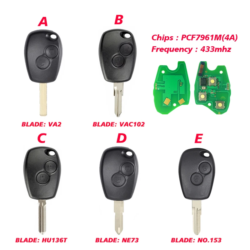 CN010072 2 Button Remote Car Key for R-enault 433mhz PCF7961M 4A Chip With Blade VA2 Vac102  HU136T NE73  153