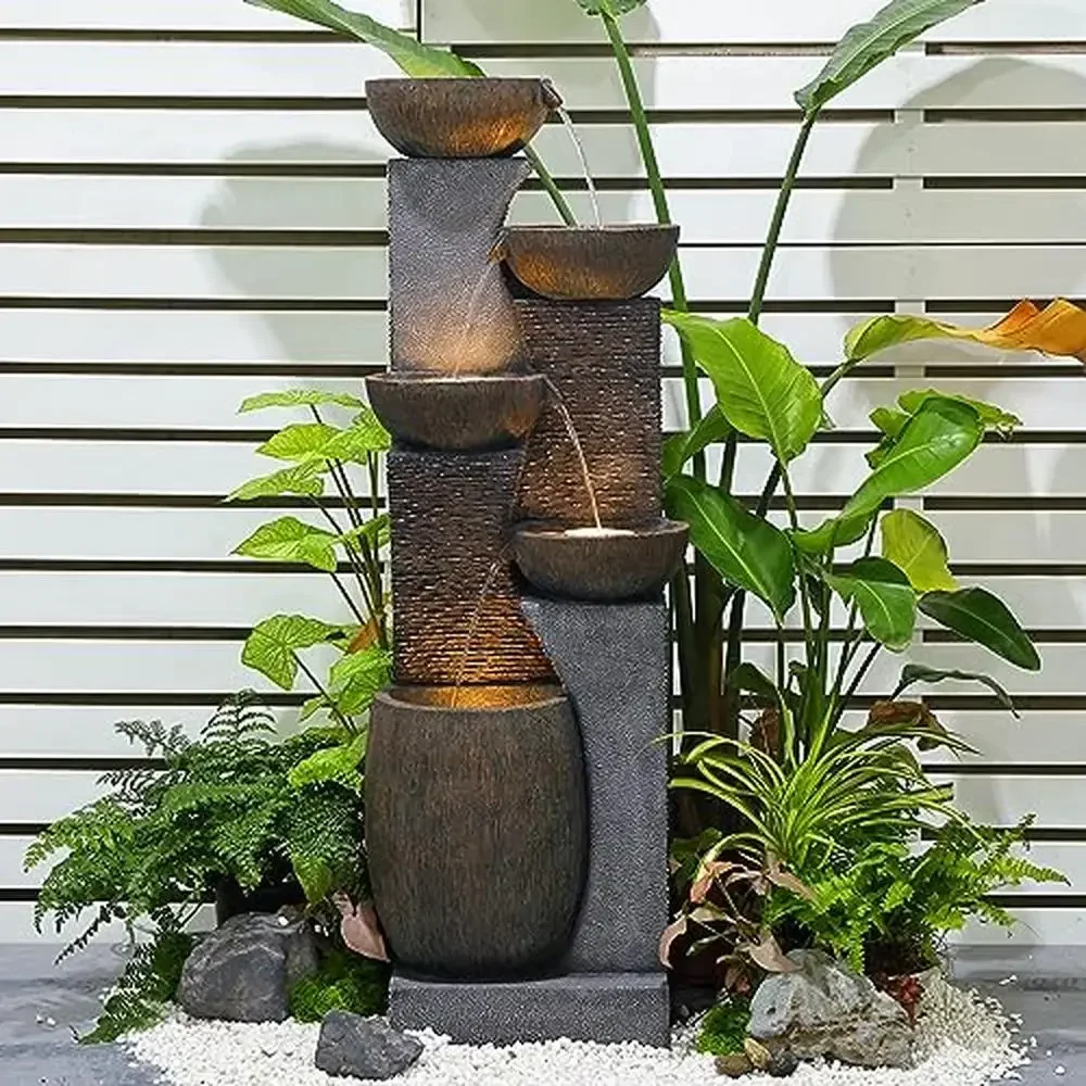

Modern Outdoor Water Fountain 5-Tier Cascading Garden Decor with LED Lights & Tranquil Water Sound