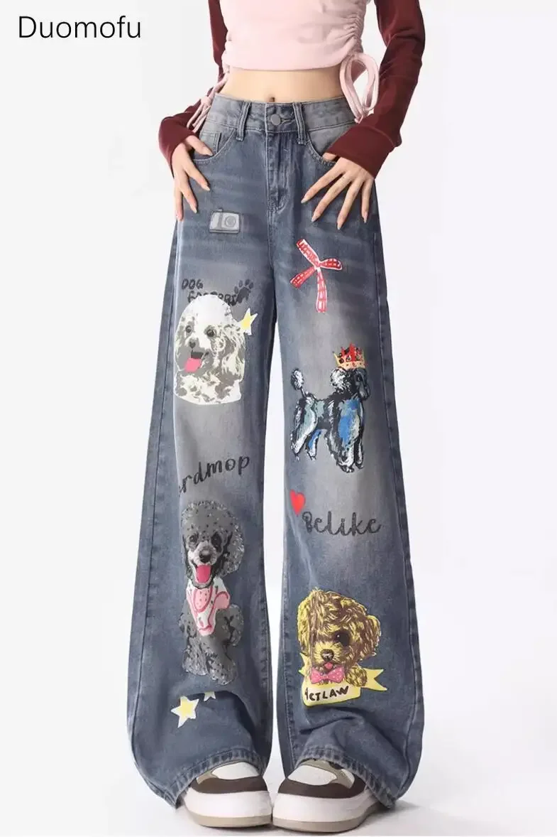 

Duomofu Chicly Sweet Printing High Waist Slim Casual Women Jeans Autumn New Simple Fashion Loose Classic Straight Female Jeans