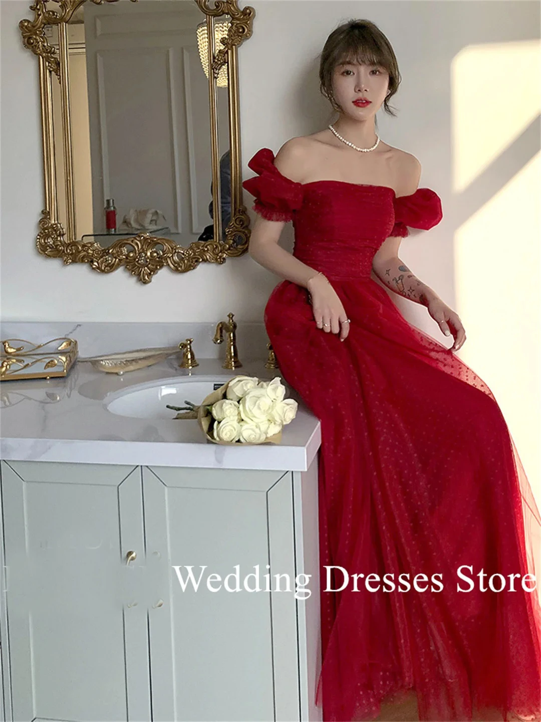 

OLOEY Red Prom Dress Korea Square Neck A-Line Customized Wedding Evening Dresses Formal Dress Elegant Party Dress Evening Gowns
