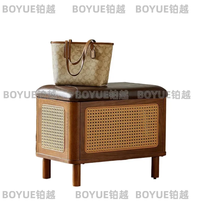 Solid Wood Shoe Bench with Rattan Storage Soft Cushioned Entryway Stool Integrated Seating and Organizer for Hallway