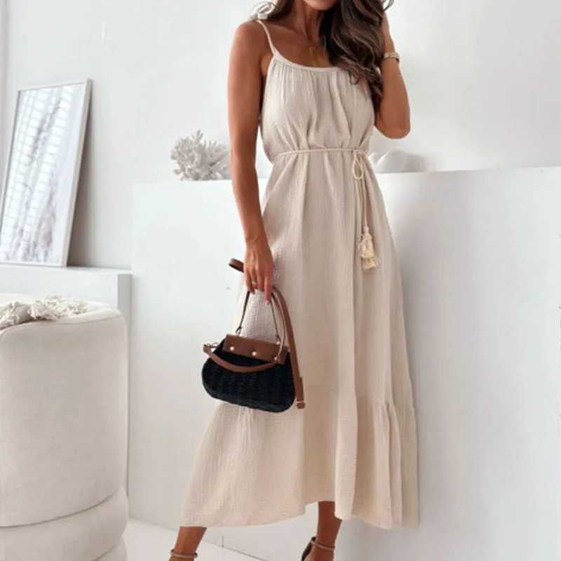 

Female Casual Solid Color Sling Long Dress Fashion Slash Neck Cotton Ruffles Dress Summer Sleeveless Holiday Beach Pleated Dress