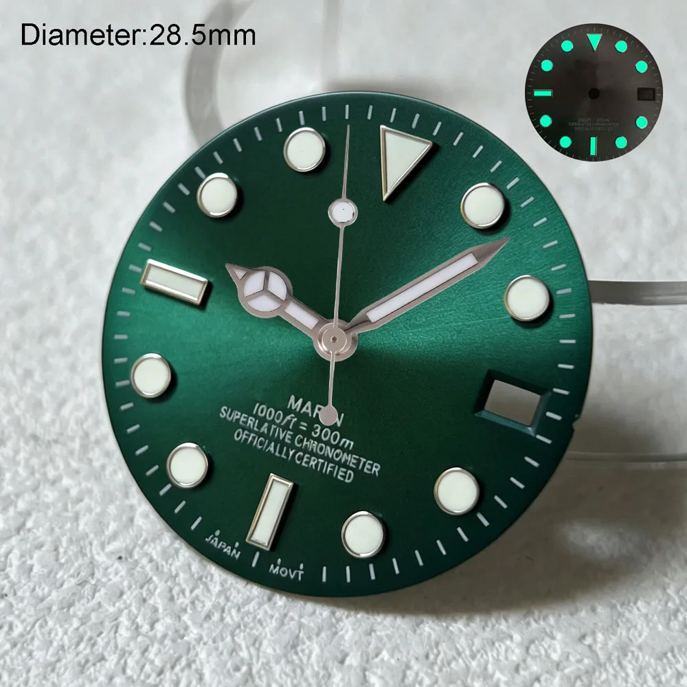 28.5mm NH35 S Logo Dial Sunburst Ice Blue Gray Green SUB Dial for NH35 Movement Green Lumen Hands NH35 Mariner S Dial WatchMods