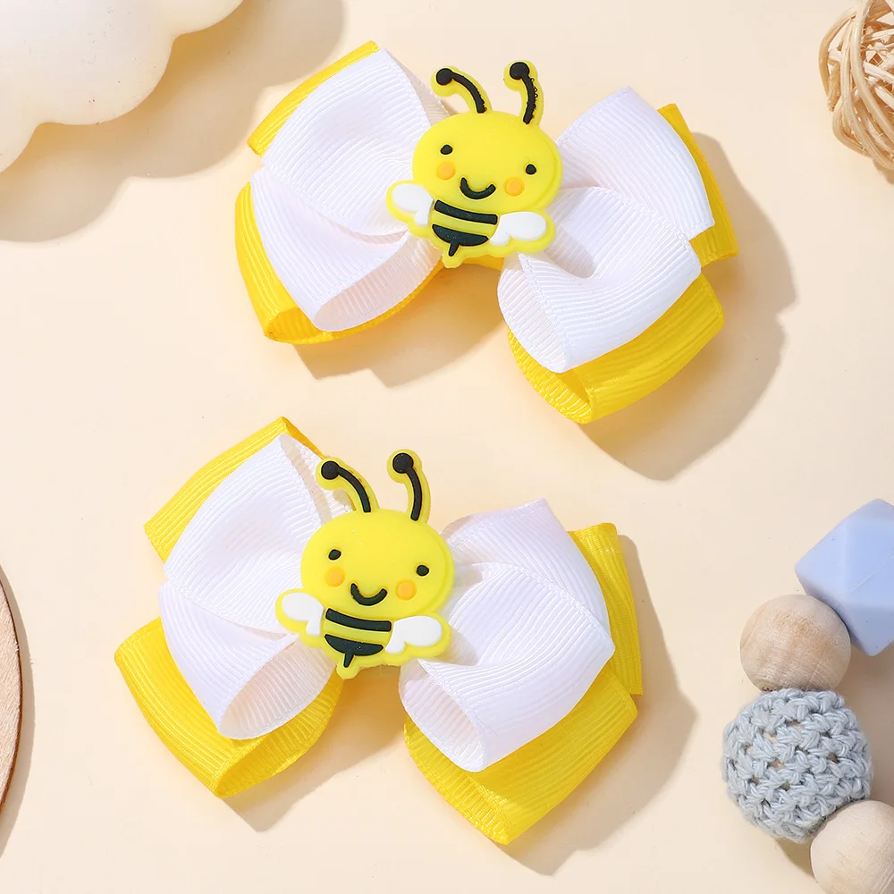 2Pcs/set Bee Hair Bow Clips Double Layer Solid Ribbon Bows Hairpins for Kids Girls Unique Barrettes Hair Accessories Headwear