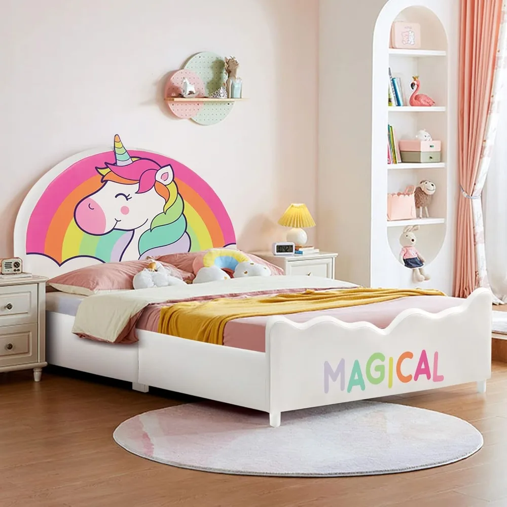 Children's Double Bed Frame, Wooden Upholstered Double Bed Platform, Lath Support, Upholstered Head Board and Foot Board,