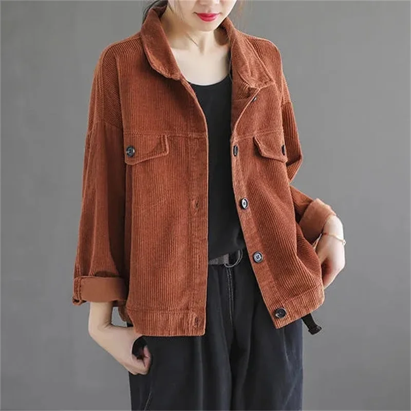 

Corduroy Short Jacket For women 2026 Spring Autumn Solid Lapel New Loose Long sleeved Coat Single-breasted Female Casual Top