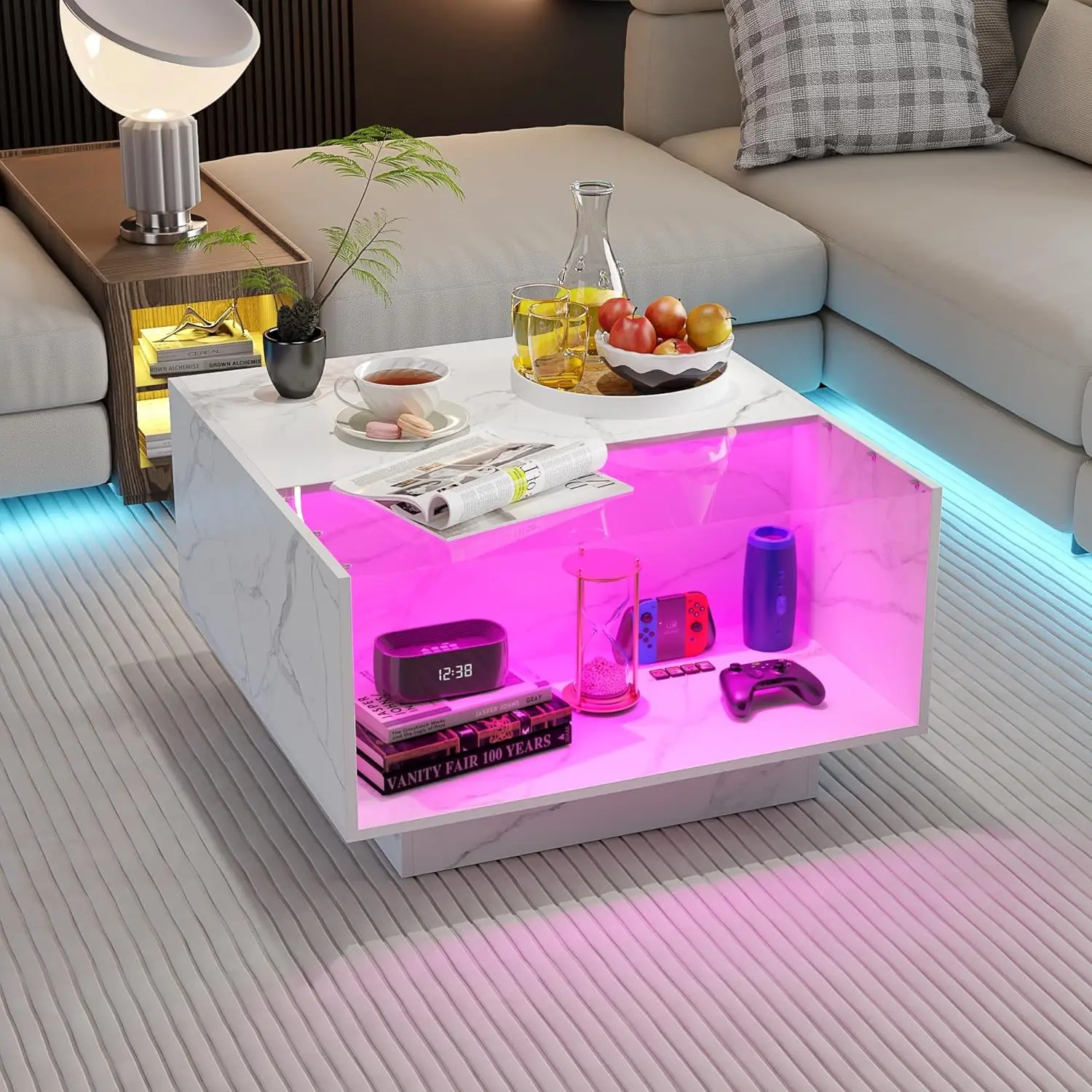 

Coffee Table for Living Room Center Table with 2 Storage Glass Drawers for Game Night Unique 16 Colors LED Lights Wood