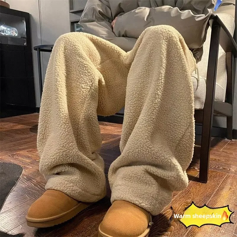 

Thiened Lamb Velvet Straight Leg Pants Autumn Winter plus Size Men's Women's Casual Loose Wide Leg Trousers Faionable