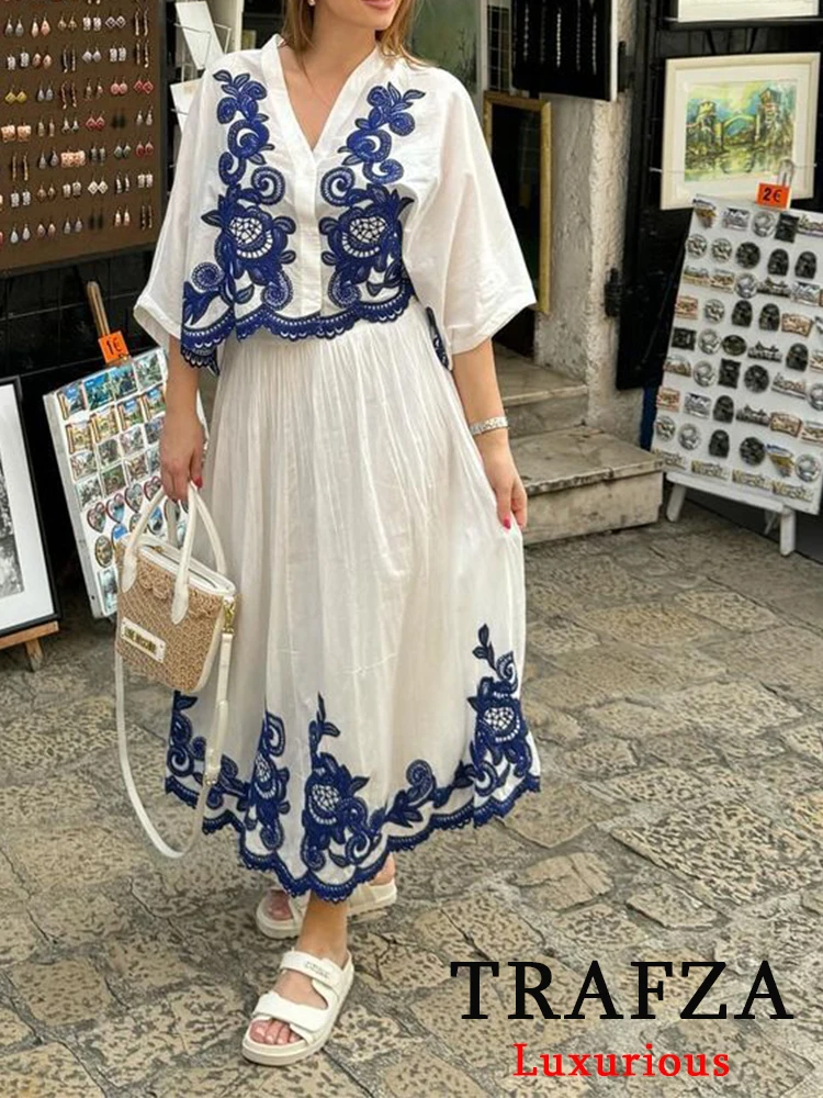 TRAFZA Vintage Casual Chic Women Embroidery Loose Suit V-Neck Loose Shirt Straight Long Skirt New Fashion 2024 Summer Sets