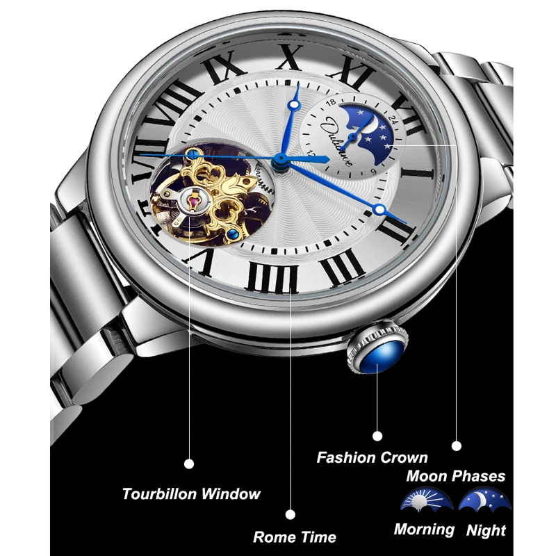 Mens Watches Rome Time Tourbillon Top Brand Luxury Automatic Mechanical Watch Men Moon Phase Waterproof Montre Homme