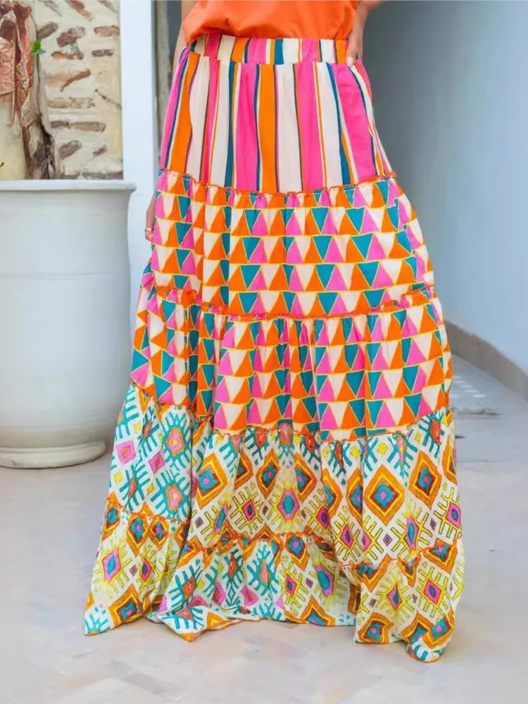 Printed Ruffles A-line Skirt Women Fashion Casual Bohemian Vacation Commuting Style Loose Long Skirts Trendy Female Clothing