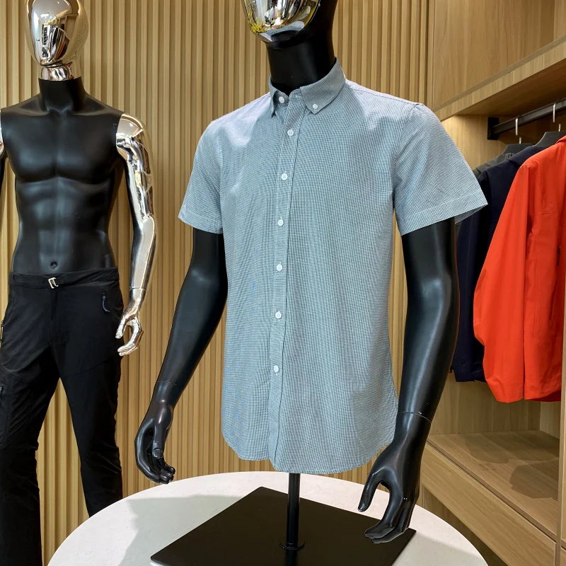 Kemeja Pria Musim Panas Bahan Katun Oxford, Kasual Serbaguna, Kerah Tegak, Cocok untuk Sehari-hari, Warna Polos