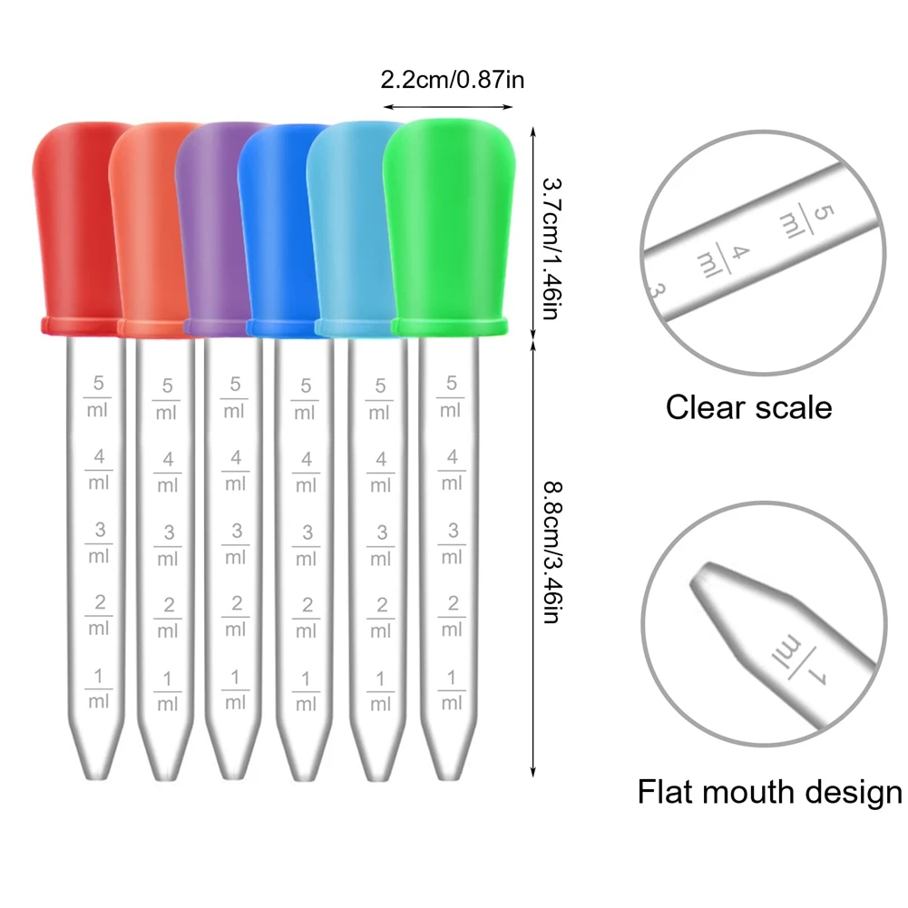 AD-24 Pack 5Ml Silicone et plastique compte-gouttes médical transparent avec pointe d'ampoule pour enfants artisanat moule, 8 couleurs