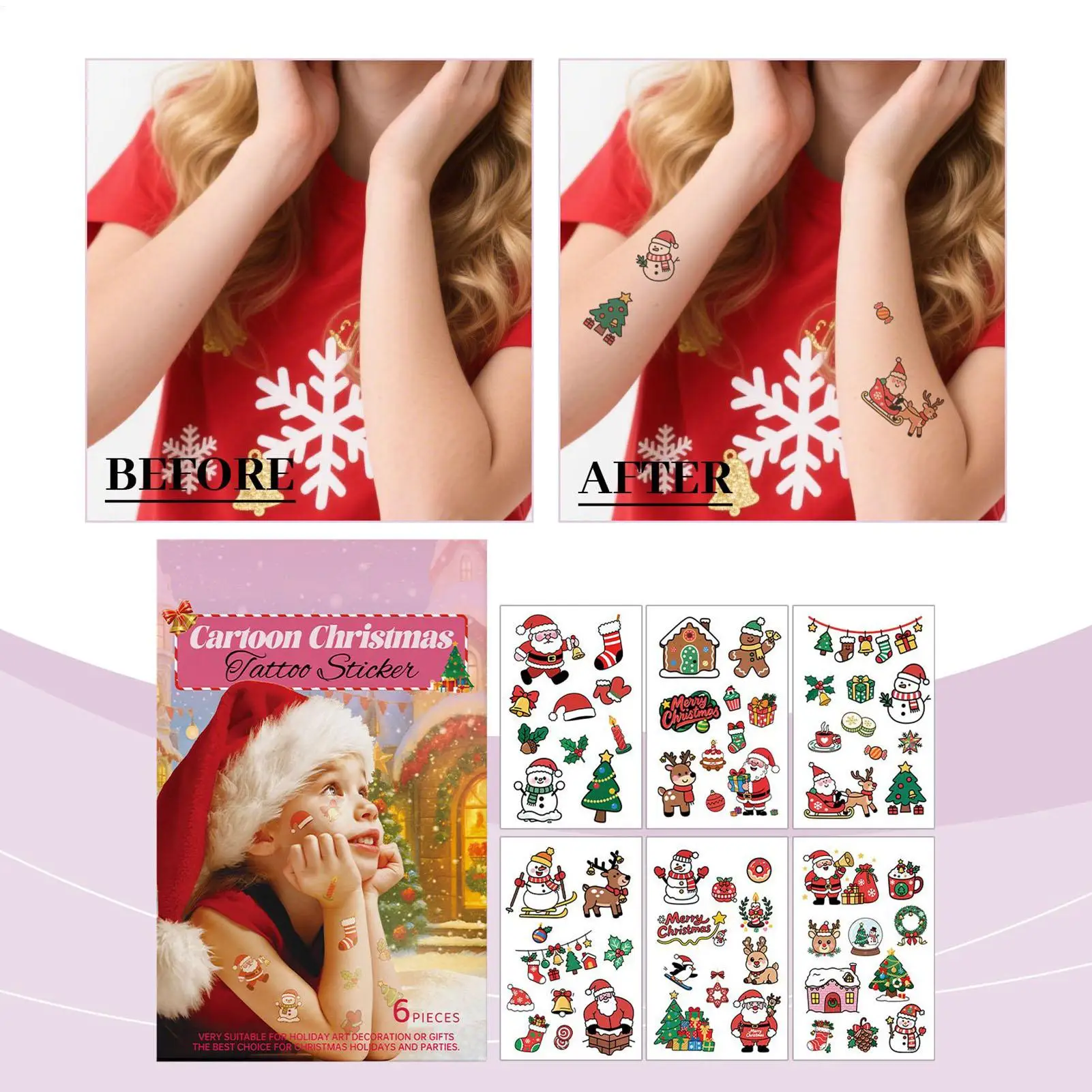 

Temporary Stickers Kids 6 Pieces Christmas Art Stickers Fake Cartoon Waterproof Body Art Santa Reindeer Snowflake Decal