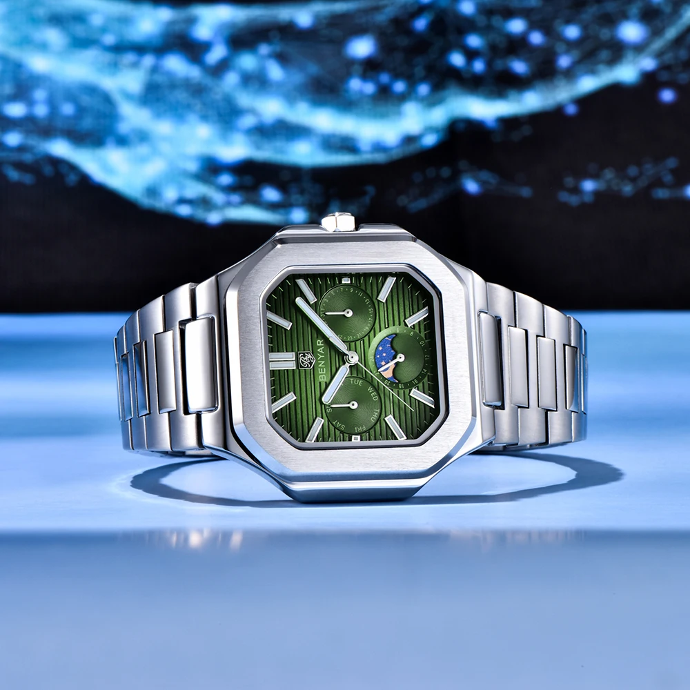 BENYAR 2025 Новый топ PE806 Квадратные наручные часы с фазой Луны Классические роскошные мужские кварцевые часы Сапфировое стекло Нержавеющая сталь BY5221
