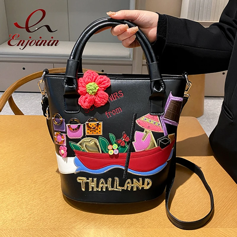 Fashion Cartoon Embroidered Bucket Shape Women Purses and Handbags Designer Leather Shoulder Bag Female Tote Bag High Quality