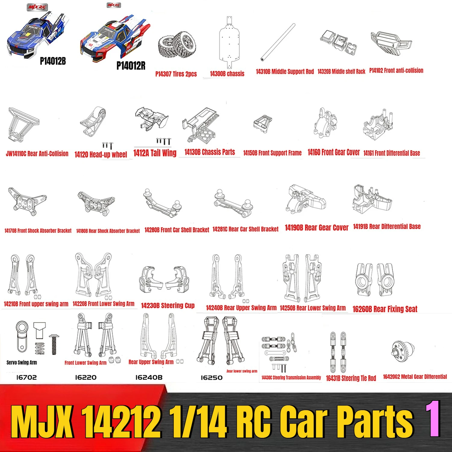MJX 14212 1/14 RC Remote Control Car Parts Original Car Shell Shock Absorber Swing Arm Ground Anti-Collision Motor ESC Parts 1