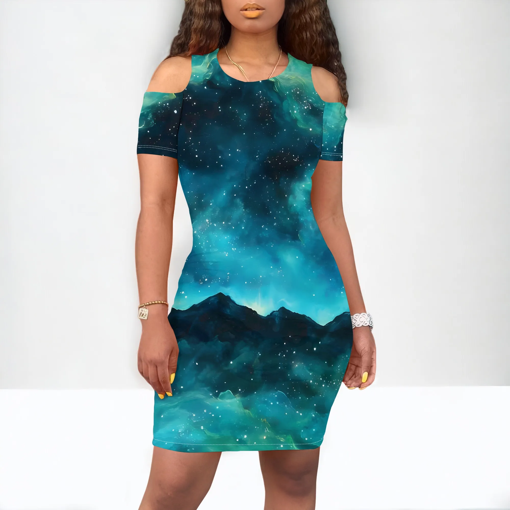 

EQQZD Elegant Short Sleeve Round Neck Wide Shoulder Strap Mini Dress, Dreamy & Dazzling Galaxy Print Halter Dress