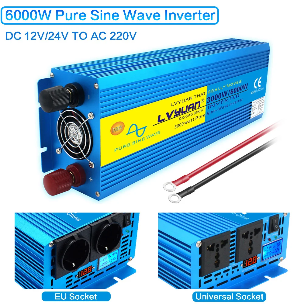 12V/24V Pure Sine Wave Power Inverter 6000W 220V Car Power Adapter Transformer Converter EU/US/Universal Socket Inverter