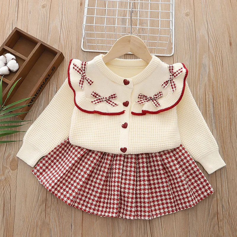 Autumn Winter Infant Girl 2PCS Clothes Set Love Button Bow Knitted Cardigan Full One Year Baby Girl Plaid Pleated Skirts Outfits