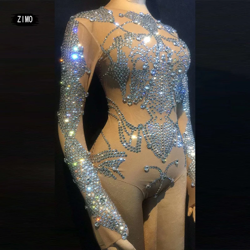 Sexy full artificial Rhinestone long sleeve stage and dance costumes Latin jazz dance Sexy Nightclub Show leotard Dance Costume