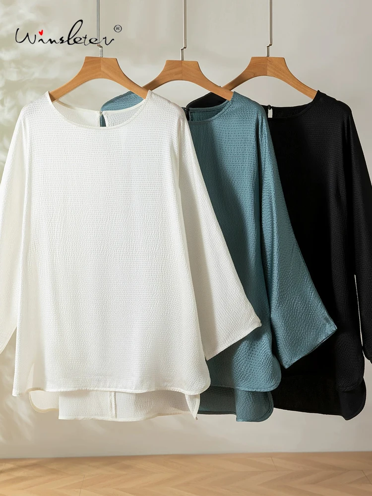 

Winsleter-93%Silk 7%Spandex Elegant T-shirt, Batwing Sleeve O Neck Solid, Women Simplicity Basic Loose Top, 2026 Spring T63435CC