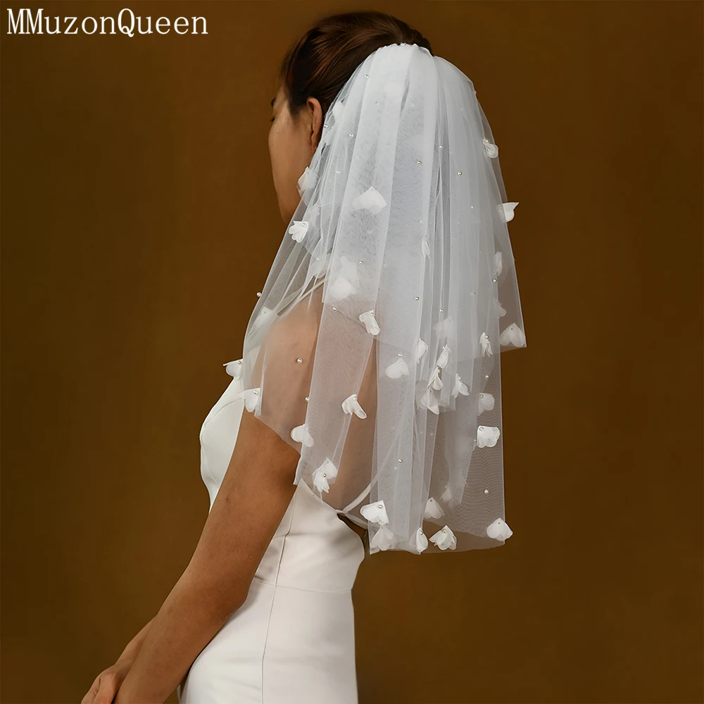 MMQ M101-velo de novia corto y elegante, elegante, fresco, blanco, perla, flor, pompones, Europa y Estados Unidos